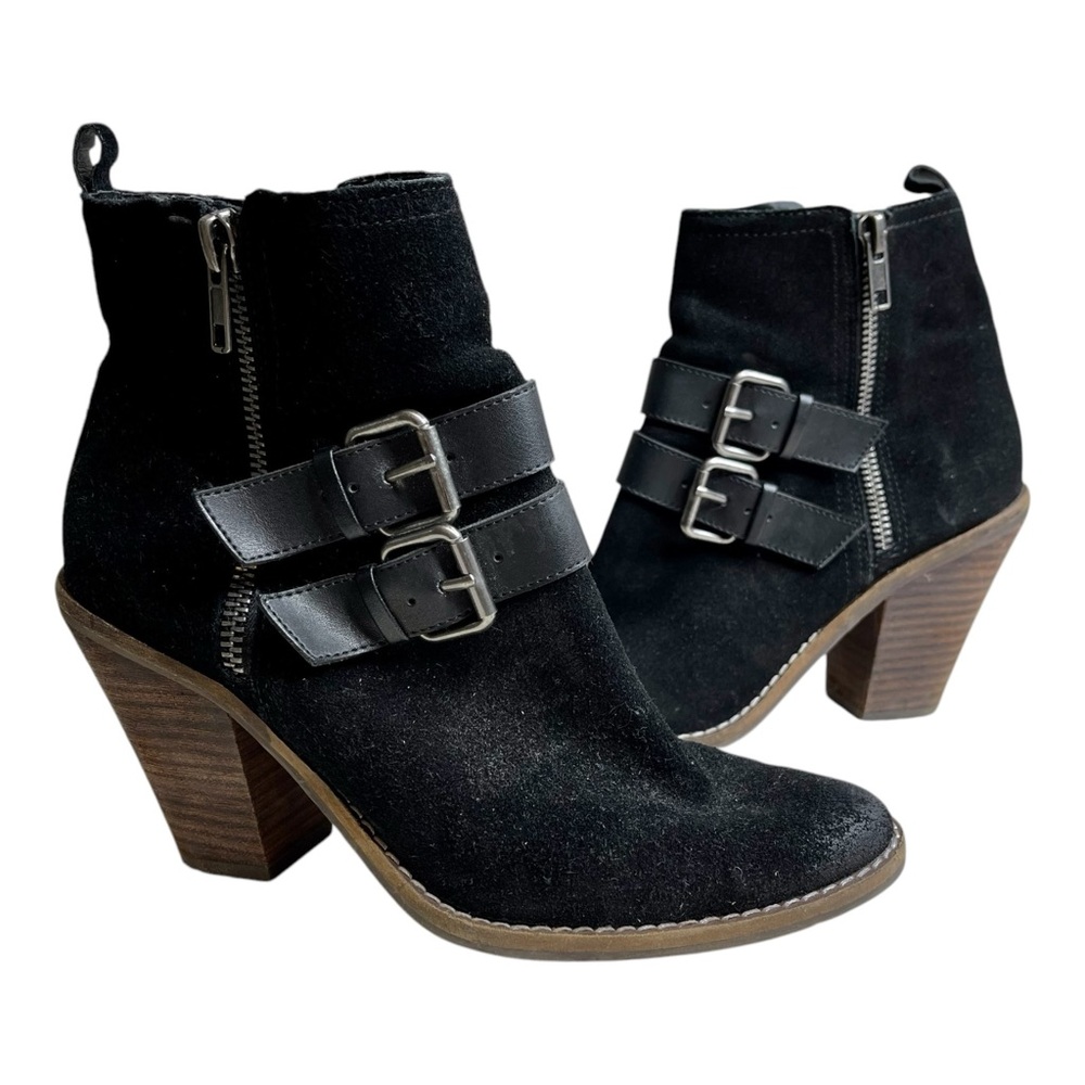 DOLCE VITA Bootie Boot Buckle Suede Leather Zip Stacked Heel Black Brown 6.5